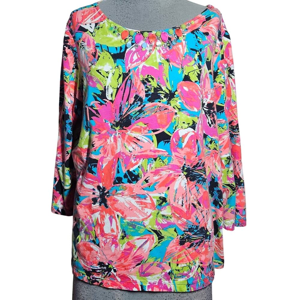 Bright Embellished Cotton Blend Tee Size Large Petite